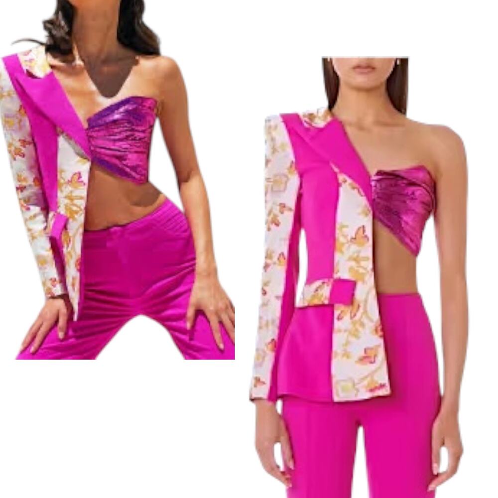 Eliya The Label NWT 'Nova Blazer' Asymmetrical Jacquard Metallic Bustier Pink XS